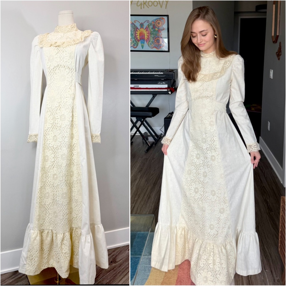 Vintage 1970s Prairie Dress White Cotton Lace Cottagecore Edwardian Victorian M